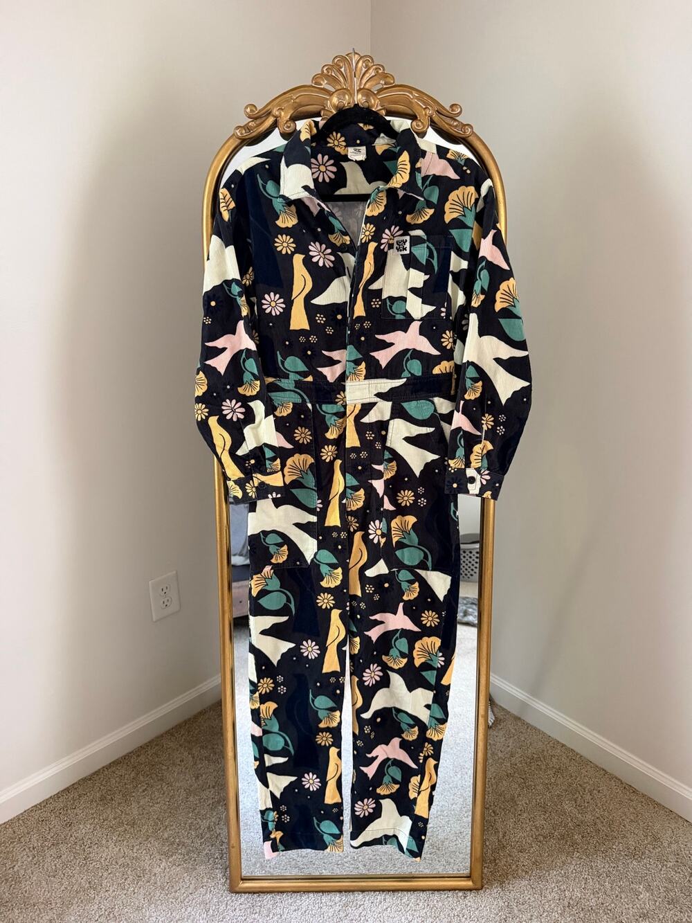 Lucy & Yak Carmen Corduroy Printed Floral Bird Boiler Suit Jumpsuit